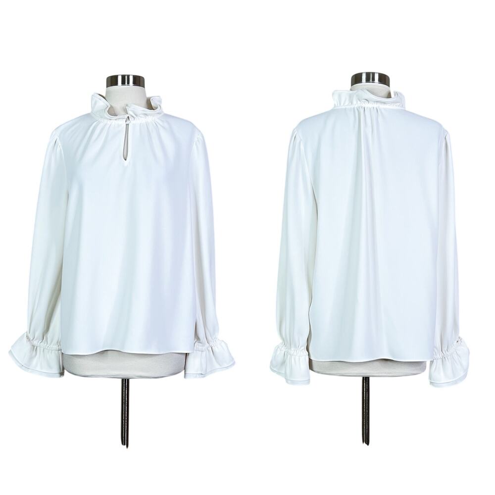 J. Crew | Ruffle Neck Bell Cuff Long Sleeve Elegant White Blouse Top Size Large